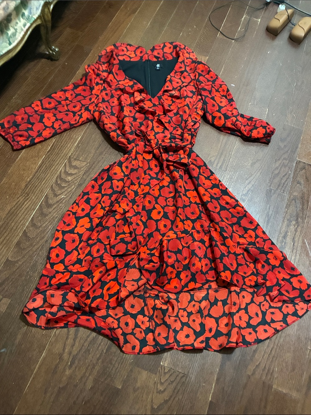 Jason Wu Red and Black Floral Midi Wrap Dress